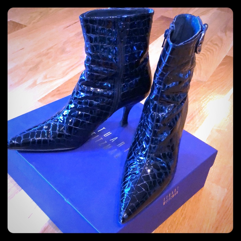 Stuart Weirzman patent black nubuckle croc boots